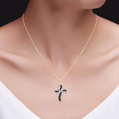 round Simulated Blue Sapphire & White Cubic Zirconia Cross Pendant Necklace in 1