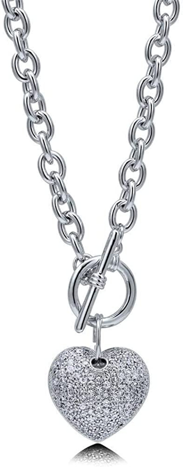 Heart Cubic Zirconia CZ Toggle Anniversary Pendant Necklace for Women, Silver-To