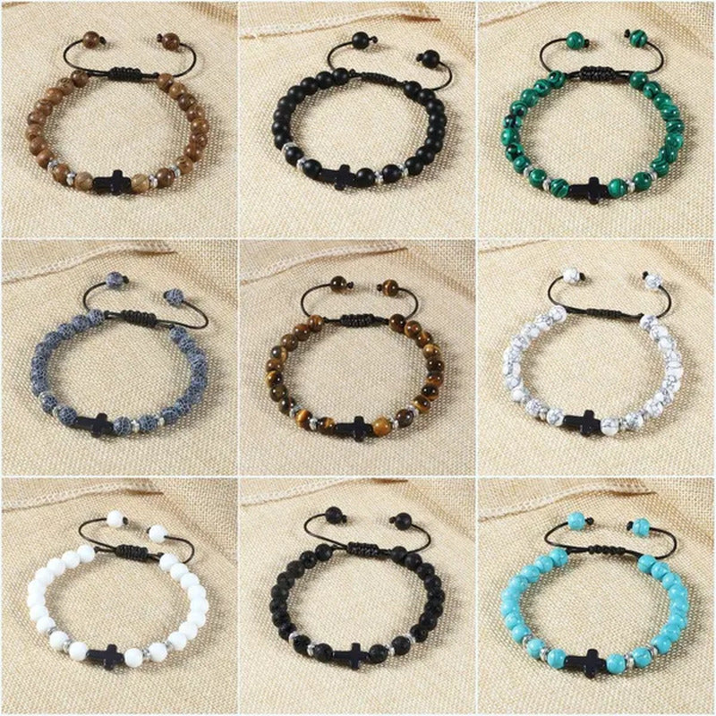 Handmade Natural Stone Wooden Beaded Bracelet Christian Jesus Cross Braided Brac