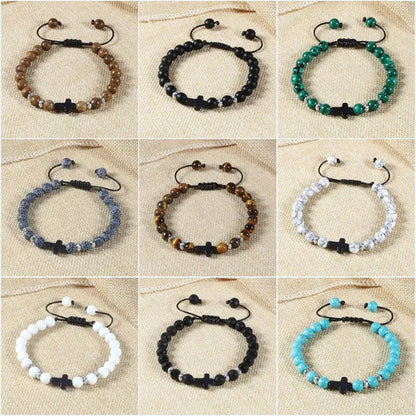 Handmade Natural Stone Wooden Beaded Bracelet Christian Jesus Cross Braided Brac