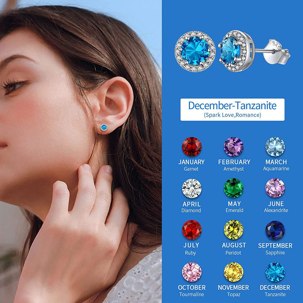 Birthstone Stud Earrings 925 Sterling Silver with Cubic Zirconia Crystal - Decem