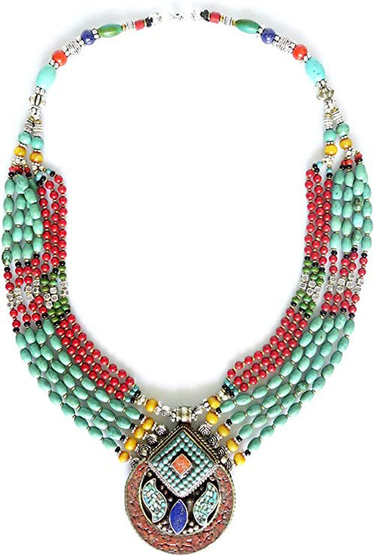 Tibetan Multi Strand Handmade Necklace Turquoise Coral Amber Lapis Lazuli Gemsto