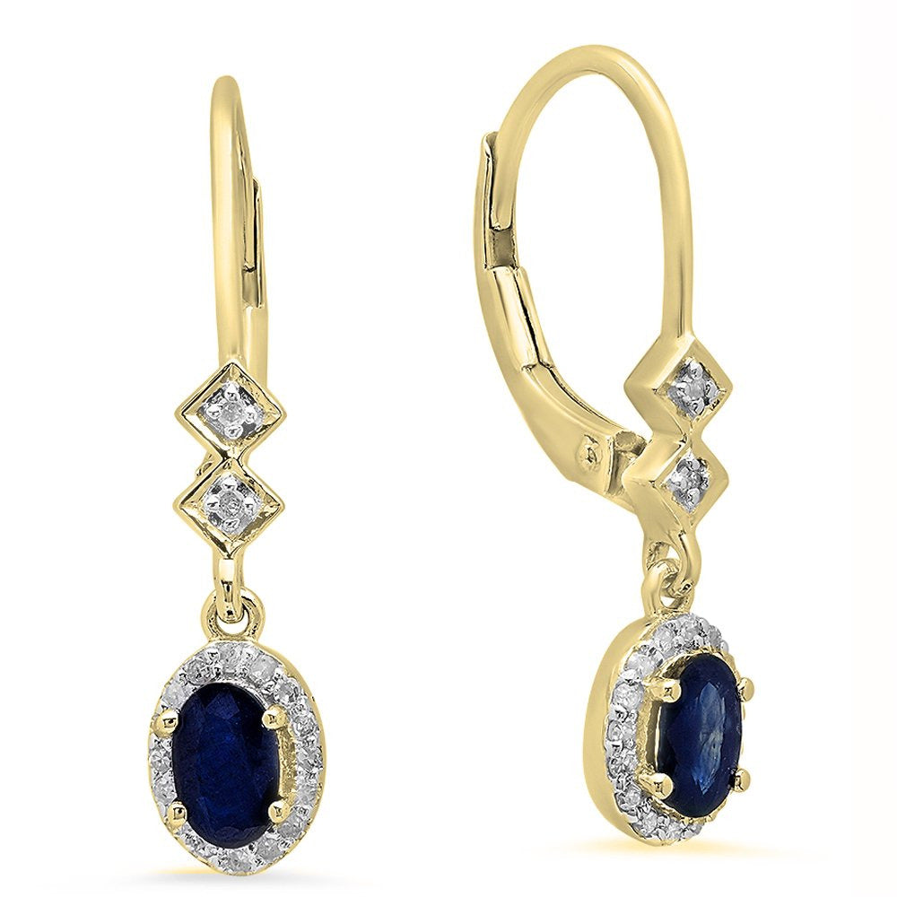 Collection 10K 5X3 MM Each Oval Blue Sapphire & round White Diamond Ladies Dangl