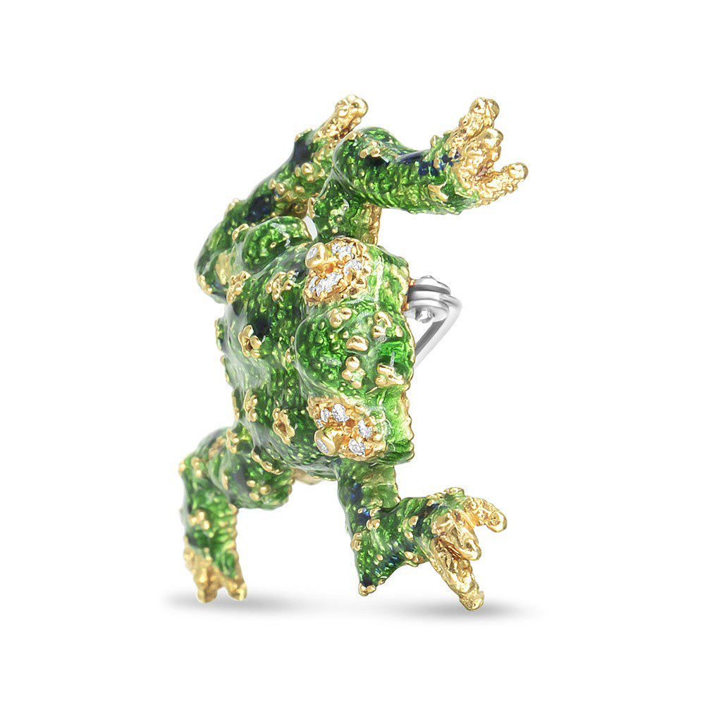 18K Yellow Gold 1/6 Cttw Diamond Green Frog Enamel Floral Brooch Pin (H-I Color,