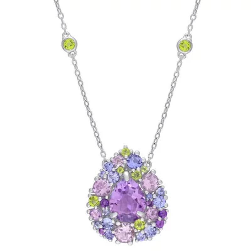 Tanzanite, Rose De France Peridot and Amethyst Station Mosaic Necklace in Sterli