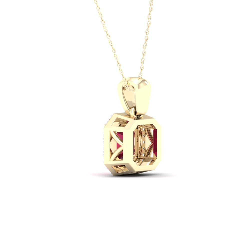 Imperial Gemstone 10K Yellow Gold Emerald Cut Ruby 1/10 CT TW Diamond Halo Neckl