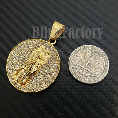 Stainless Steel Iced Lab Diamond Mother Mary Medal Charm Pendant