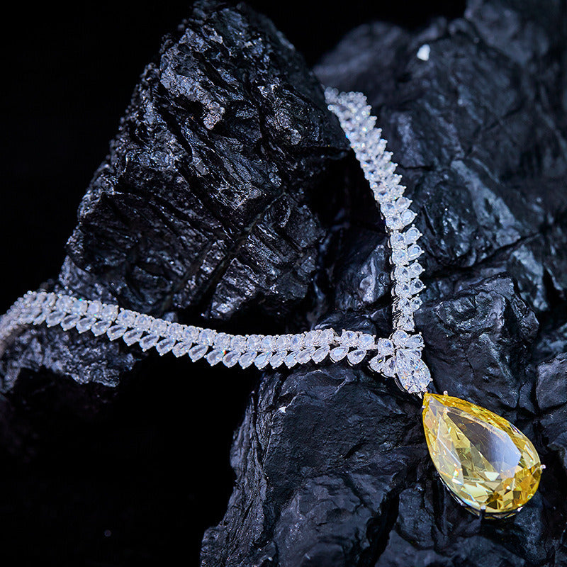 Pear-Shaped Yellow Diamond Necklace with Water Drop Zircon