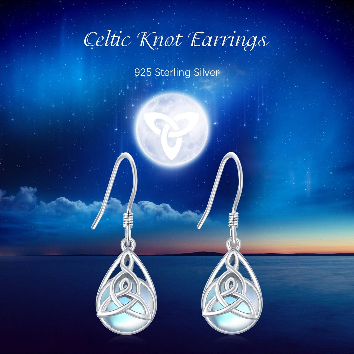 Celtic Moonstone Earrings 925 Sterling Silver Celtic Knot Moonstone Dangle Earri