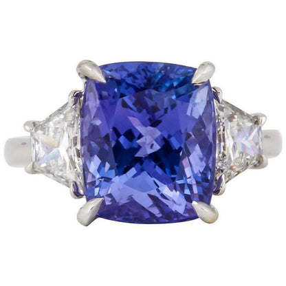 8.02 CT TANZANITE CUSHION CUT SET .75 CT TRAPEZOID TANZANITE DIAMOND RING 18 K