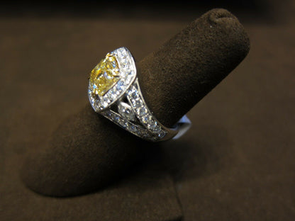 GIA CERTIFIED FANCY YELLOW DIAMOND CUSHION SHAPE DIAMOND ENGAGEMENT RING