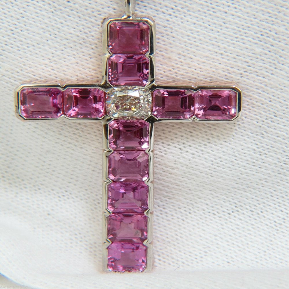 18KT GIA 10.41CT NATURAL PINK SAPPHIRE DIAMOND CROSS PENDANT NECKLACE