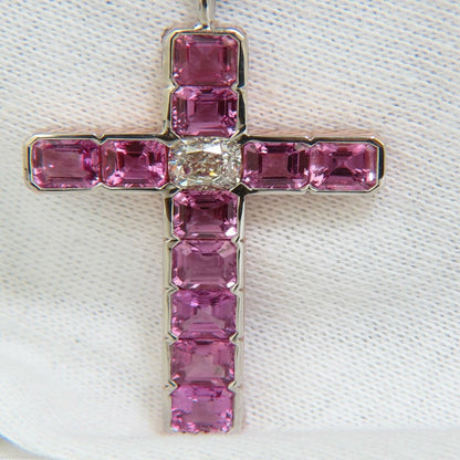 18KT GIA 10.41CT NATURAL PINK SAPPHIRE DIAMOND CROSS PENDANT NECKLACE