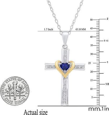 4 MM Heart Lab Created Gemstone & round Natural Diamond Ladies Heart Cross Penda