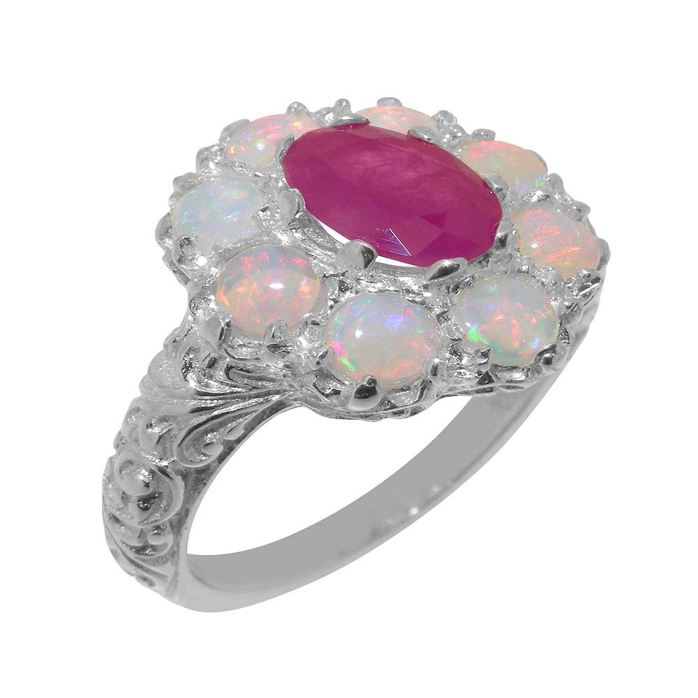 LBG British Made 925 Sterling Silver Natural Ruby & Opal Womens Statement Ring -