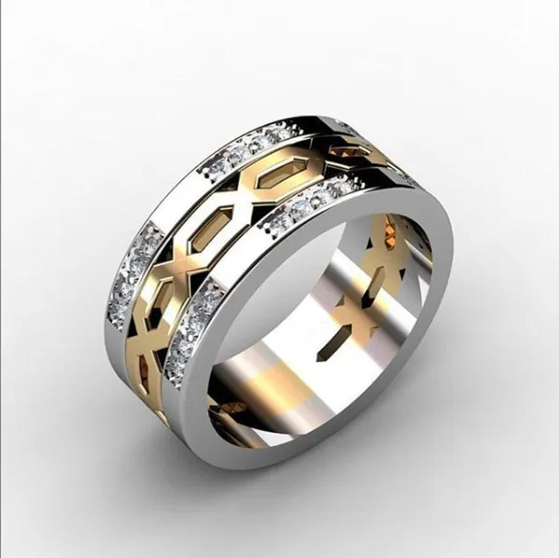 Cool Handsome Gold Silver Inlaid Diamond Two-Tone Men'S Ring Personality Ring Bi