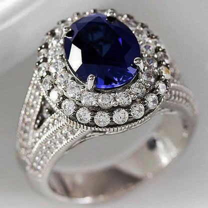 Luxury Vintage 925 Sterling Silver Oval Cut Blue Sapphire Ring for Women Princes