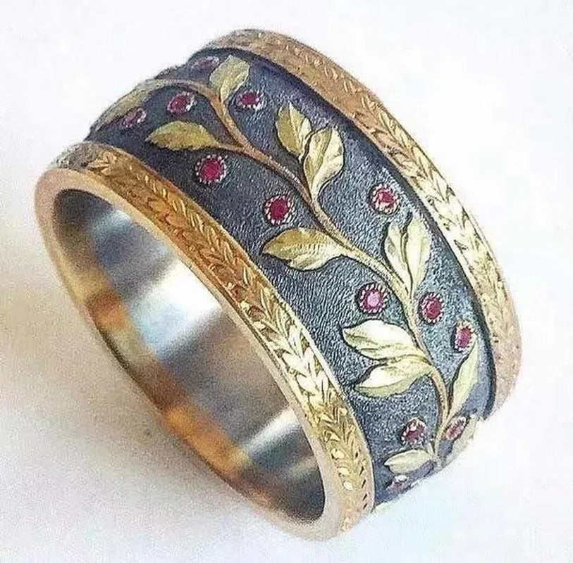 Newest Elegant Retro Yellow Gold Two Tone Ruby Gemstone Rings Wedding Band Engag