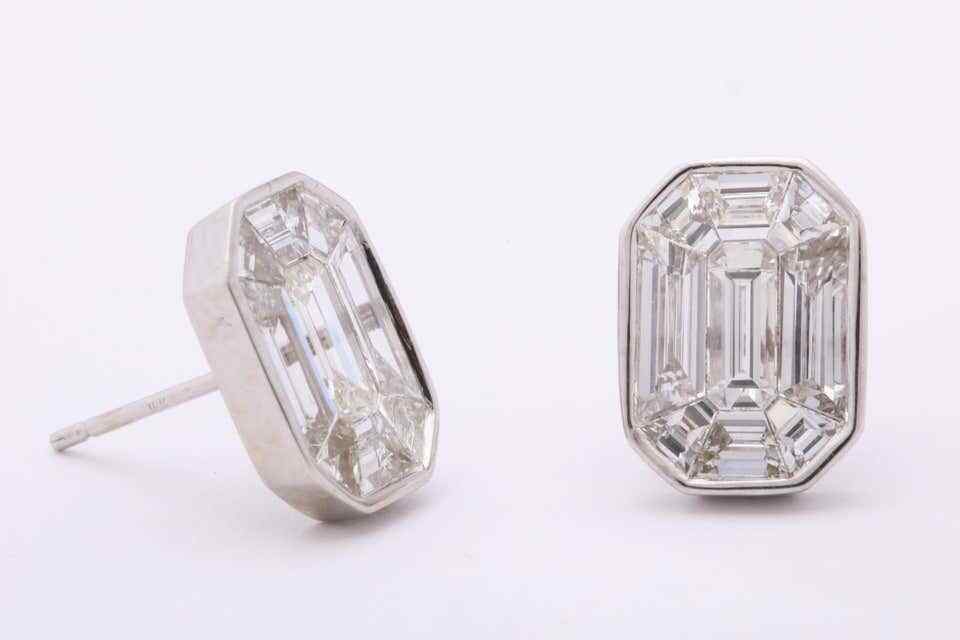 Emerald Cut Diamond Studs Illusion Set