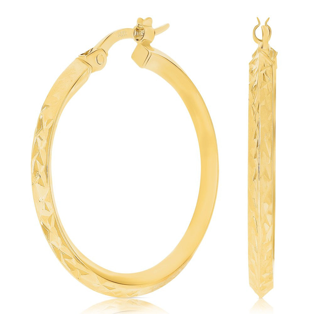 Italian 14K Yellow Gold Bright Shine Hammered Pinched Small Hollow Hoop Earrings