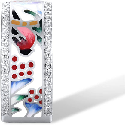 925 Sterling Silver Handmade Colorful Enamel Bird Patterrn Ring
