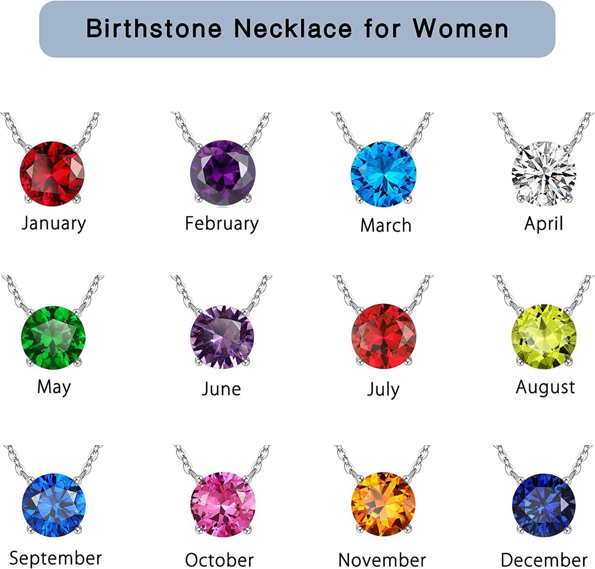 Valentines Day Gifts for Her, Sterling Silver Birthstone Pendant Necklace with 1