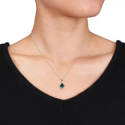 Created Gemstone Teardrop Halo Pendant and Stud Earrings Set in Sterling Silver