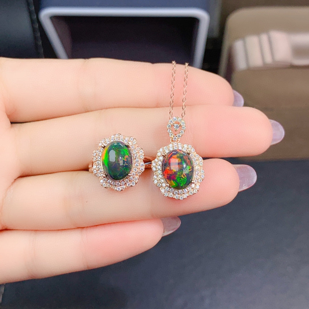 Natural Colorful Black Opal Set Ring Pendant Crystal Clean Color