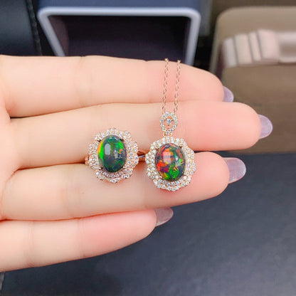 Natural Colorful Black Opal Set Ring Pendant Crystal Clean Color