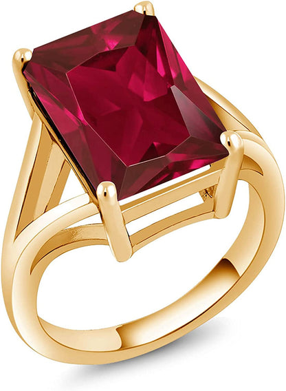 18K Yellow Gold Plated Silver Emerald Cut Created Ruby Solitaire Ring for Women