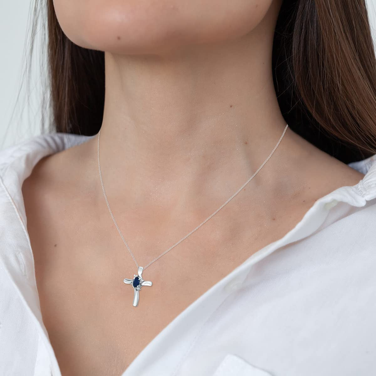 Sapphire and Diamond Cross Pendant 10K White Gold