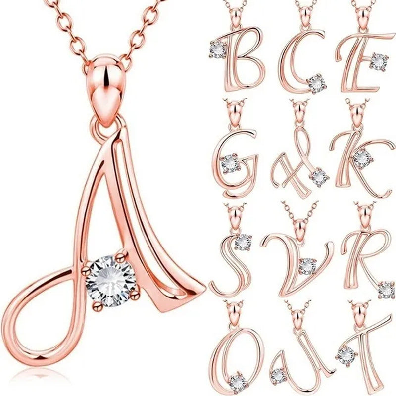 Rose Gold 26 Letters Necklace Alphabet Diamond Name Pendant Necklace Birthday Ch