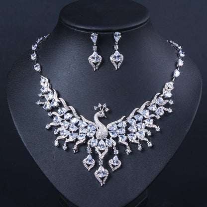 Ethnic Style Zircon Peacock Earring Set Tassel Colorful Clavicle Necklace Jewelr