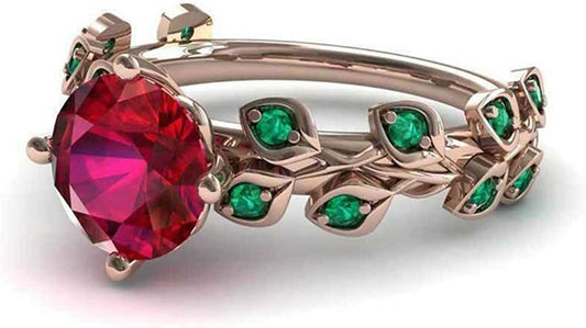 Girl'S Beautiful Red Ruby Rose Ring for Women Blossom Flower Rings with Green Em