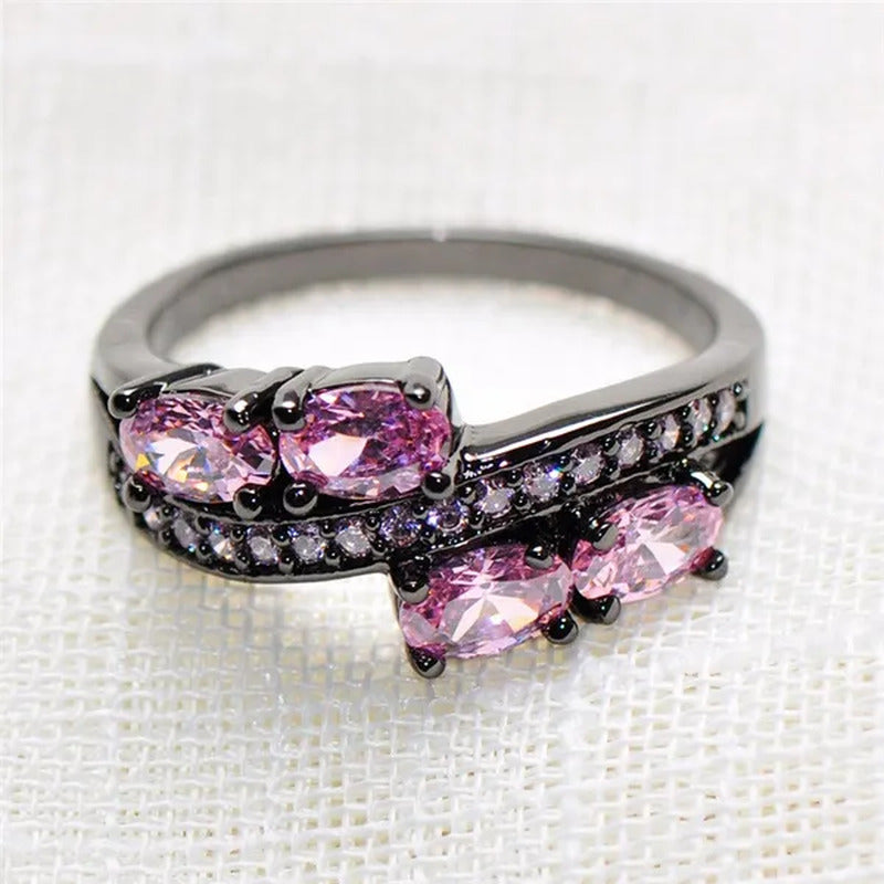 Princess Oval Pink Sapphire Black Gold Double Ring Luxurious Jewelry for Mulher