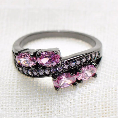 Princess Oval Pink Sapphire Black Gold Double Ring Luxurious Jewelry for Mulher