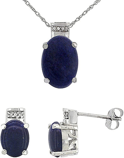 10K White Gold Diamond Natural Lapis Earring Necklace Set Oval 8X6Mm & 14X10Mm,