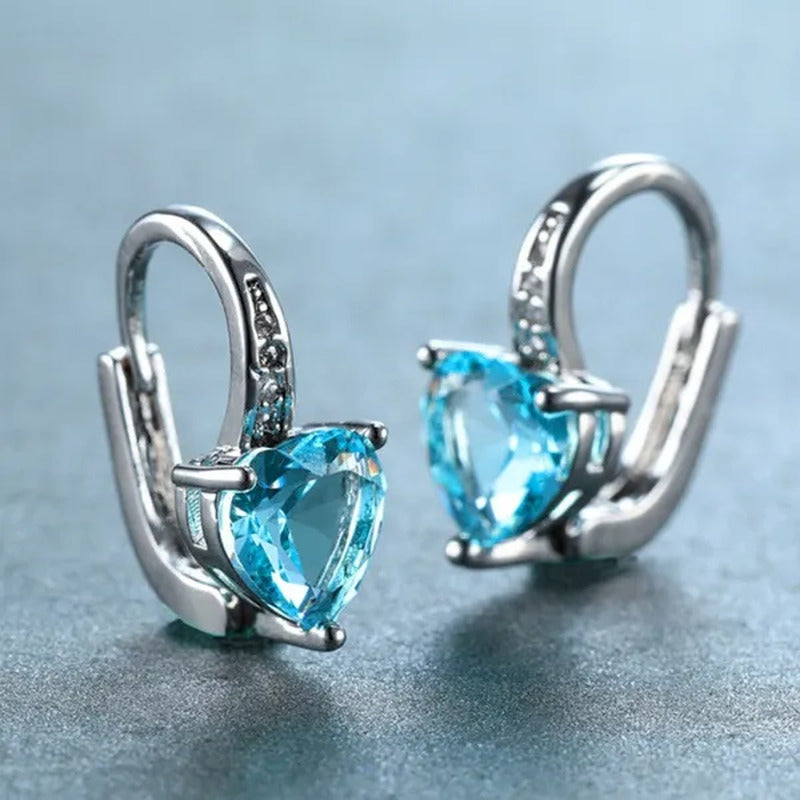 925 Solid Silver Heart Cut Blue Sapphire Hoop Drop Earrings for Women Bridal Wed