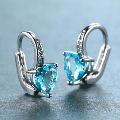 925 Solid Silver Heart Cut Blue Sapphire Hoop Drop Earrings for Women Bridal Wed