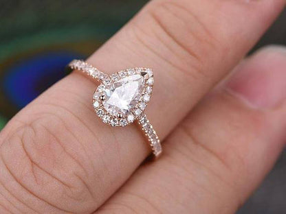 Classic Pear Cut Halo 1.50 Ct Moissanite & Diamond Engagement Ring with 18K Gold