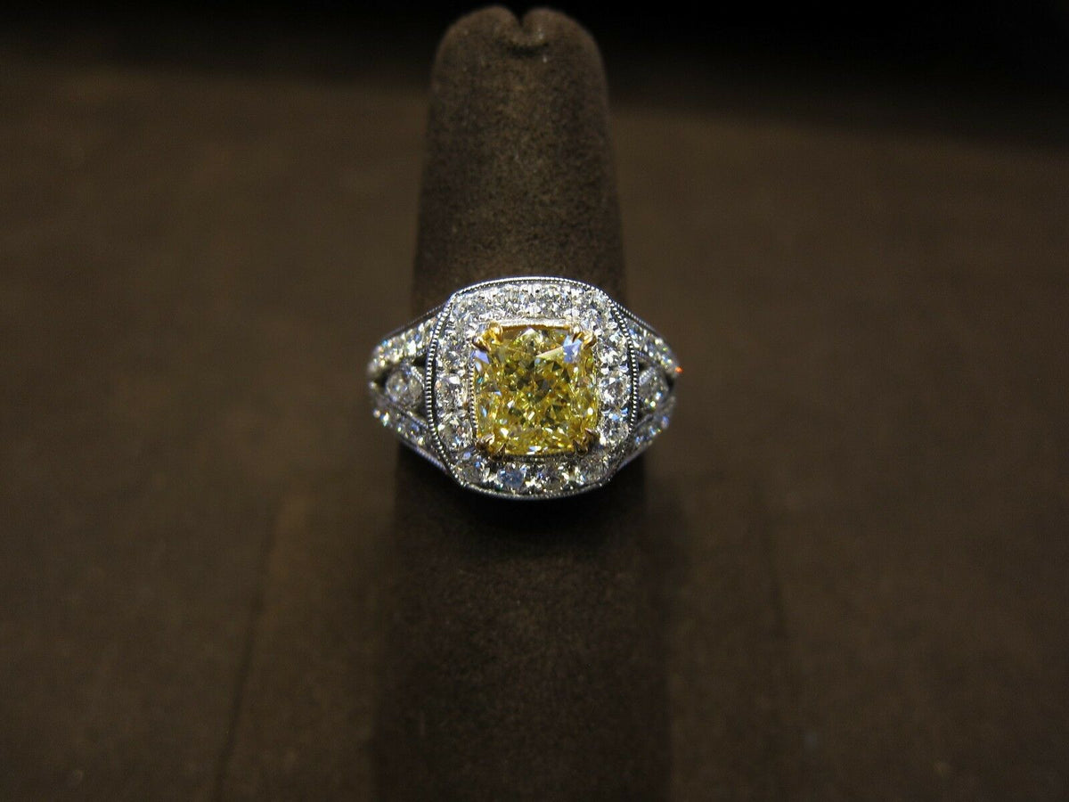 GIA CERTIFIED FANCY YELLOW DIAMOND CUSHION SHAPE DIAMOND ENGAGEMENT RING