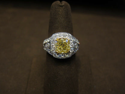 GIA CERTIFIED FANCY YELLOW DIAMOND CUSHION SHAPE DIAMOND ENGAGEMENT RING