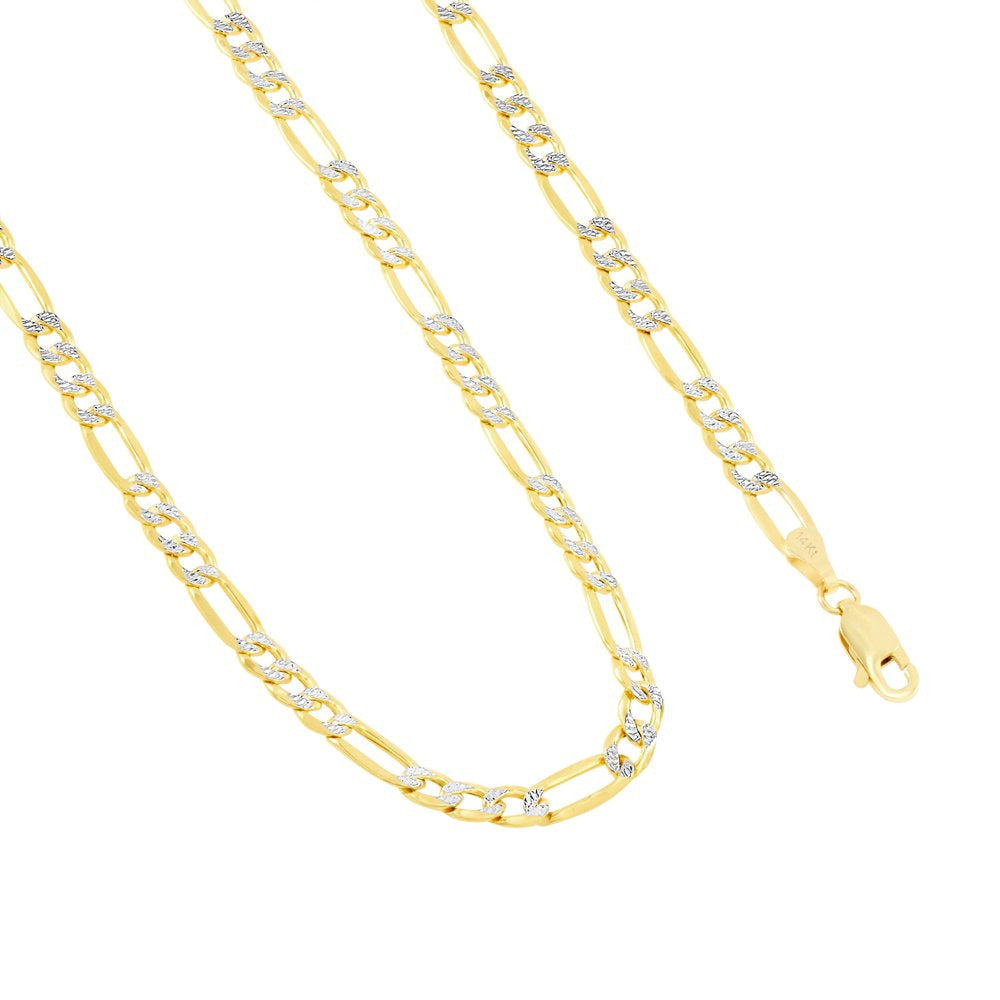 14K Yellow Gold 4.5Mm Figaro Chain Link Diamond Cut Pave Two Tone Bracelet, Mens