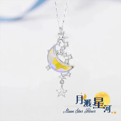 Exquisite Starry Sky Moon Moonstone Necklace Elegant Ladies Birthstone Pendant N