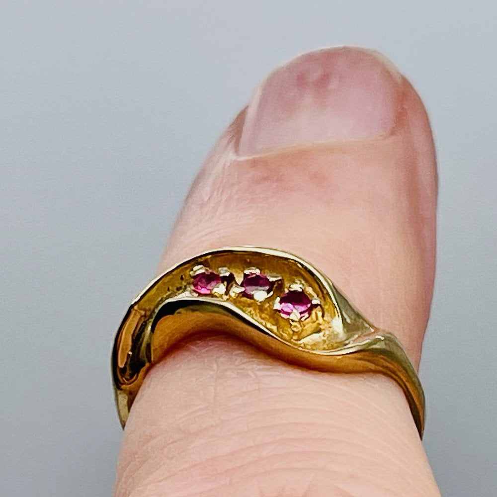 Three Stone Natural Red Ruby in Solid 14K Yellow Gold Ring | Size 6 |
