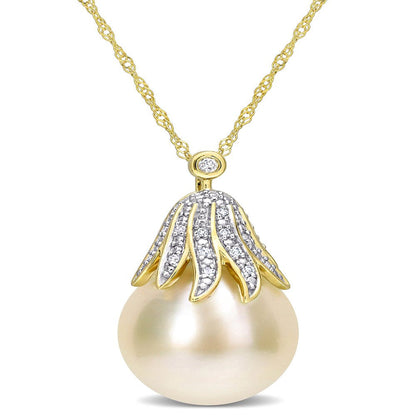 10-11Mm South Sea Cultured Freshwater Pearl and Diamond Accent 14Kt Yellow Gold
