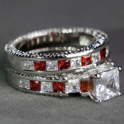 Two Rings Couple Ring His Hers Three-Stone Ring White Gold Plated Ruby CZ Womens