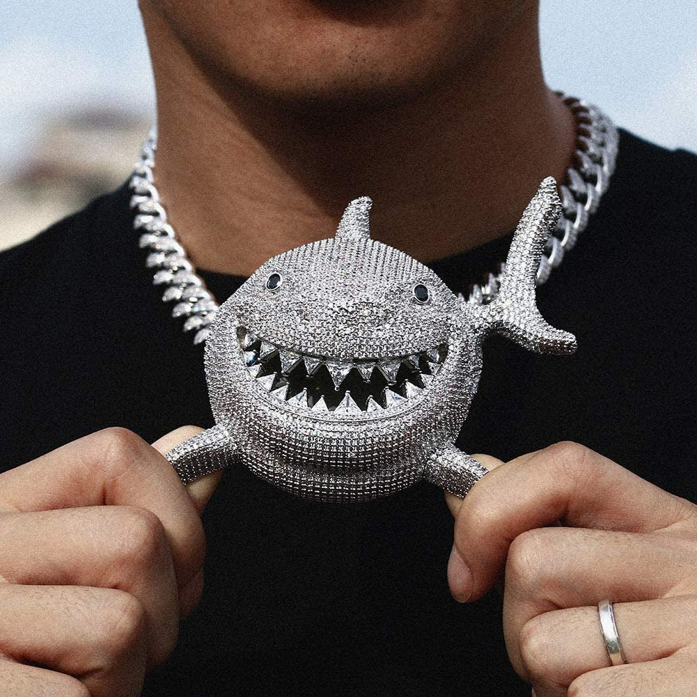 Hip Hop Jewelry 18K Gold Plated 3D Large Shark Pendant Iced Out Premium Zircon F