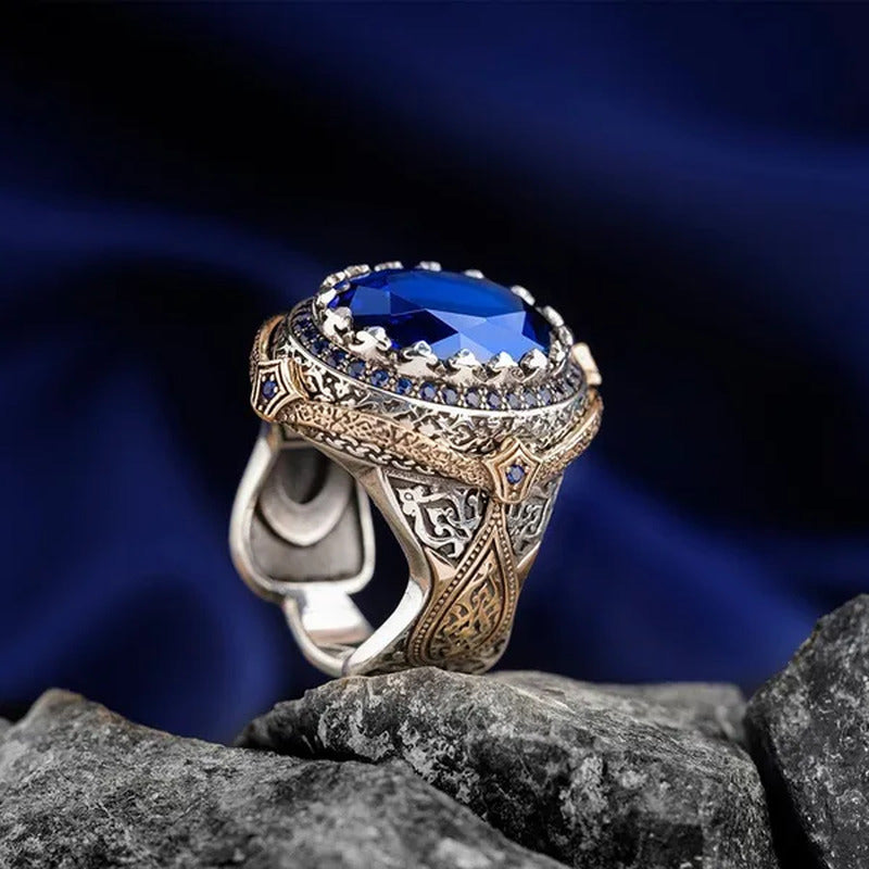 Luxurious Silver Color Blue Gem Men'S Ring Wedding Anniversary Gift Size 7-14