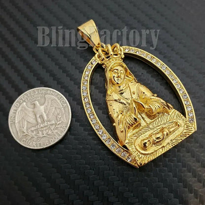 Stainless Steel Iced Lab Diamond Gold Plated Mother Mary Pendant
